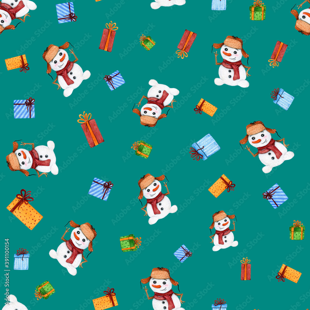 Fototapeta premium snowmen with gifts pattern