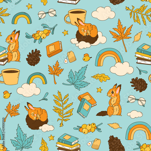 vector seamless background patterns in Scandinavian style,cartoon cute squirrel characters  and elements for fabric design, wrapping paper, notebooks covers photo