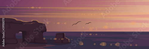 Vector illustration of sunset in evening time. Rocky seacoast sunrise on beach, seaview landscape in flat style.