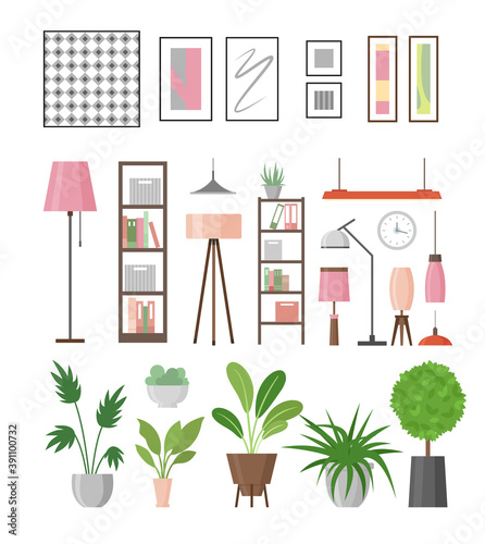 Vector illustration set of interior decor elements. Home plants in pots, lamps, shelves and pictures in frames for decor your living room or office. Collection of furniture in flat style.
