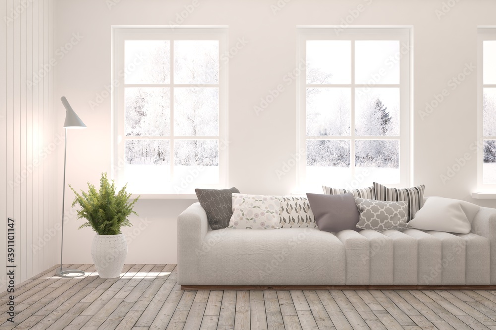 White living room with sofa and winter landscape in window. Scandinavian interior design. 3D illustration White living room with sofa and winter landscape in window. Scandinavian interior design. 3D illustration