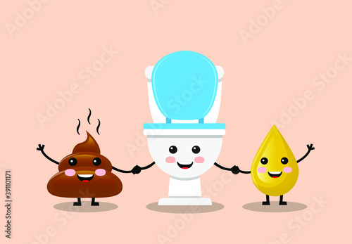 cute funny turd, a drop of urine and a toilet bowl on a light background