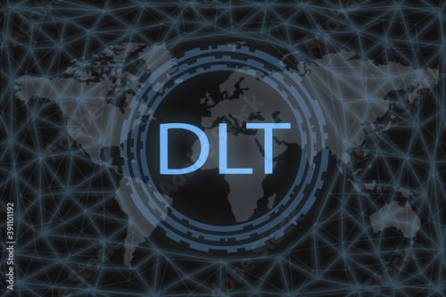 distributed ledger technology DLT inscription on a dark background and a world map. photo