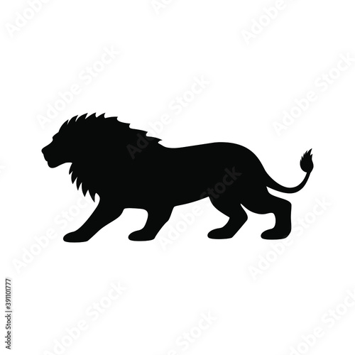 Walking black lion silhouette with mane and tail, isolated on white background. Vector illustration.  Good for print, emblem, decoration, icon,  t-shirt design, etc. 