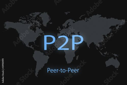 P2P inscription on a dark background and a world map.