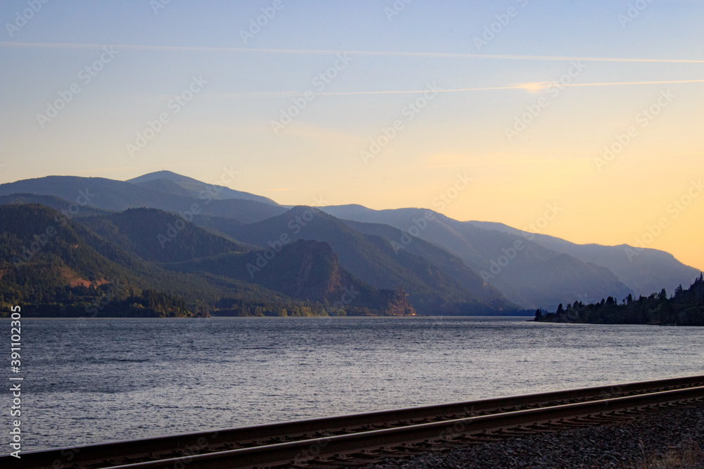 View of Oregon and the Columbia River from railroad tracks near Underwood, Washington