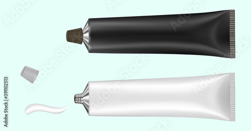 Vector illustration of cream or toothpaste tube. Ointment. Salve. Glue tube. Oil paint. Black and white tubes. Smear. 3d tube