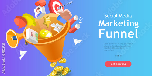 3D Vector Conceptual Illustration of Social Media Marketing Funnel, Lead Generation Strategy.