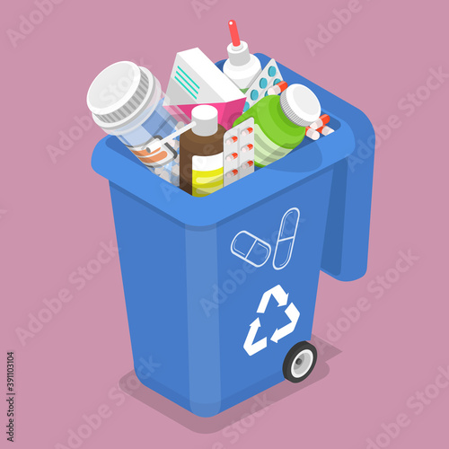3D Isometric Flat Vector Illustration of Container for Expired and Unused Drugs.