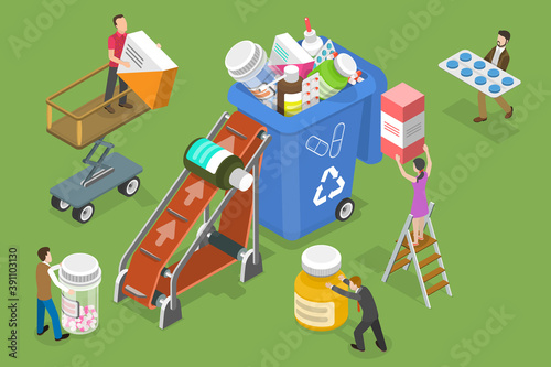 3D Isometric Flat Vector Conceptual Illustration of Expired and Unused Drugs Disposal.