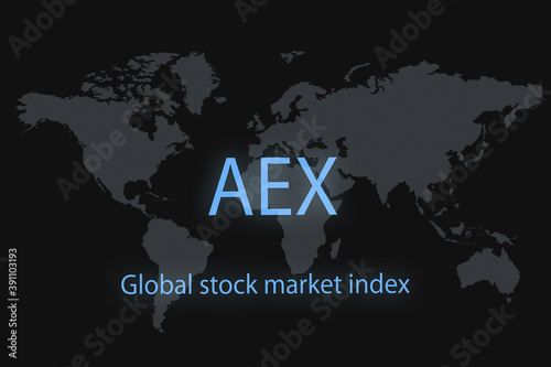 AEX Global stock market index. With a dark background and a world map. Graphic concept for your design.