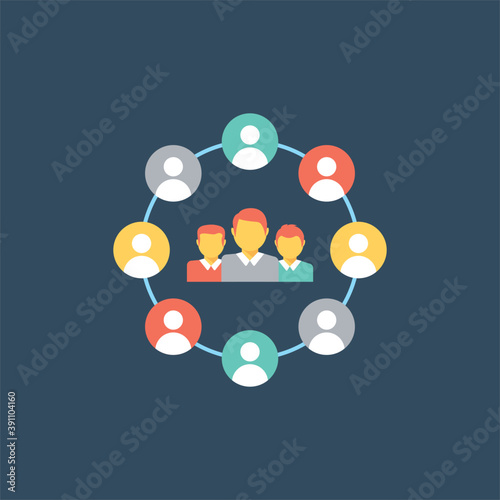 
Flat design icon of business group with gear and connection, concept of teamwork, support, collaborative unity 
