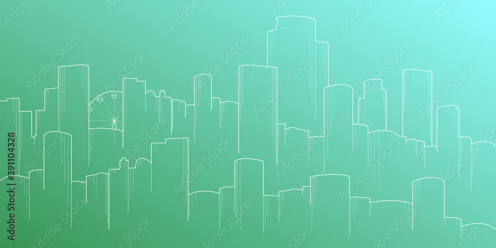 Modern city skyline background flat style vector illustration. Buildings cityscape.