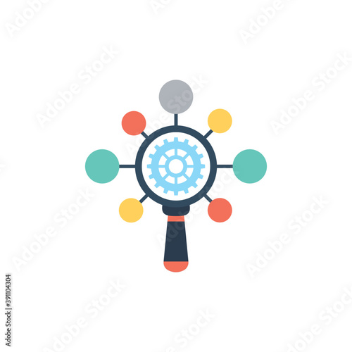  Flat design icon of focused magnifying glass on bar graph, concept of data analysis 