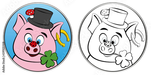 New Years Eve coloring sheet with lucky symbols for children. Pig, clover, ladybug, horseshoe, toadstool and cylinder in round frame to be colored. Isolated vector illustration on white background.
