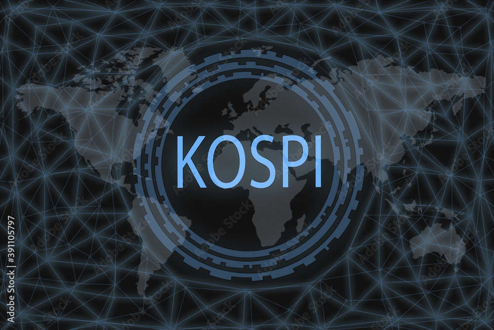 KOSPI Global stock market index. With a dark background and a world map ...