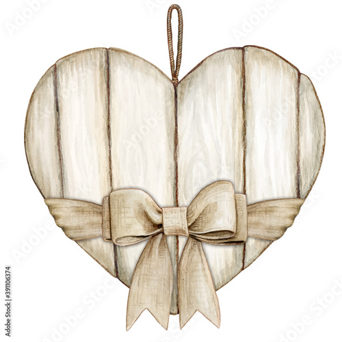 Watercolor shabby chic rustic white wooden heart tag with bow