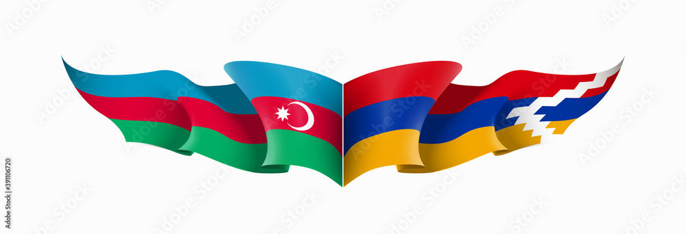 Nagorno-Karabakh and Azerbaijan flags state symbols isolated on background national banner. war for independence of Artsakh Nagorno-Karabakh, Azerbaijan. Illustration banner with realistic state flag.