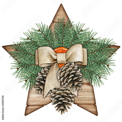 Watercolor shabby chic rustic heart with pinecones and pine branches