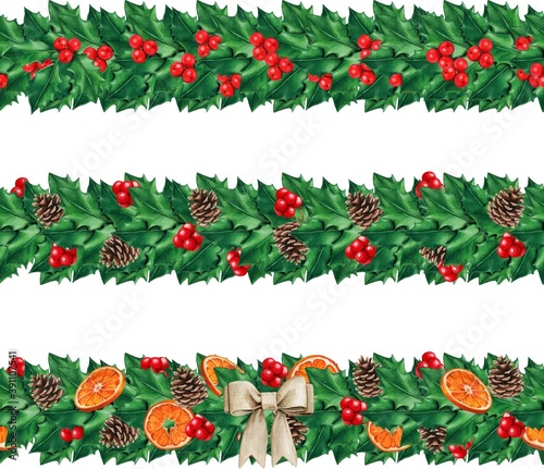 Elegant watercolor seamless tileable holly dividers