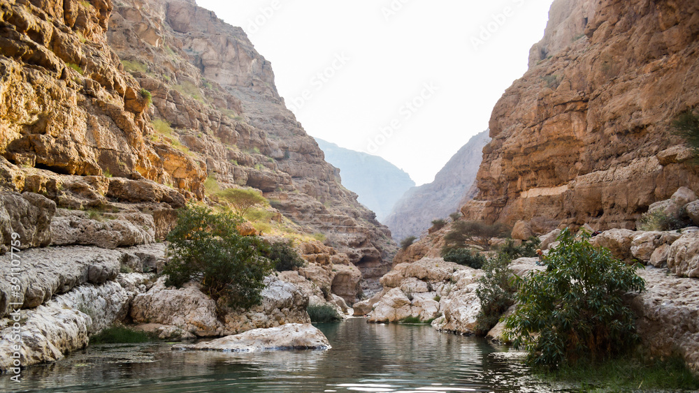 A beautiful pool between the mountains in Wadi Shab, Oman.
