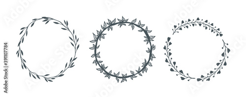 Hand drawn decorative floral round wreath frame