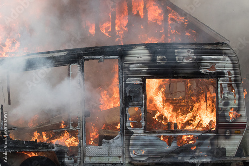 Recreational vehicle catches fire.