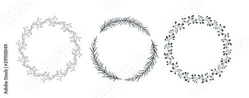 Hand drawn decorative floral round wreath frame