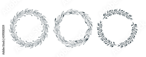 Hand drawn decorative floral round wreath frame