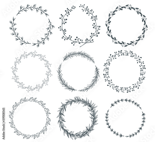 Hand drawn decorative floral round wreath frame