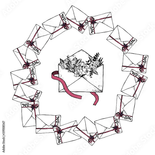 Vector illustration of Envelopes with flowers and ribbons on white background