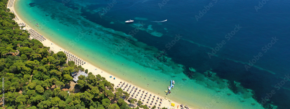 Fototapeta premium Aerial drone ultra wide panoramic photo of famous sandy beach and bay of Koukounaries a natural preserve, Skiathos island, Sporades, Greece