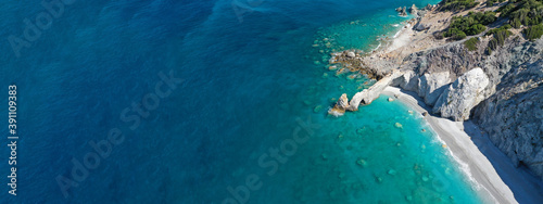 Aerial drone ultra wide panoramic photo of famous beach for stone rocky arch formation of Lalaria, Skiathos island, Sporades, Greece