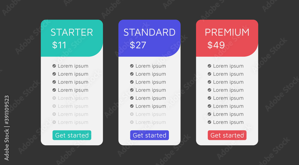 Pricing table design template with three subscription options for website or app. User interface vector. Pricing table design template with three subscription options for website or app. User interface vector.