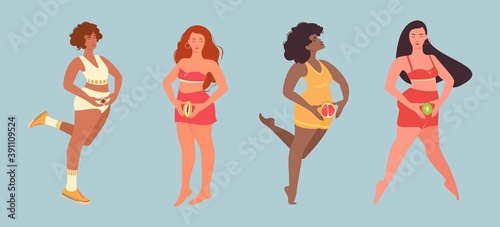Women's menstrual period. Fig fruit, Grejpfrut fruit, Papaya fruit and Kiwifruit in the hands of a woman. Women period. Intimate hygiene. Vector Flat Illustration.