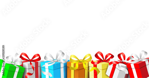 Bunte Geschenke Gruppe mit Schleife, 
Geschenke Box Banner 
Vektor Illustration isoliert auf weißem Hintergrund
