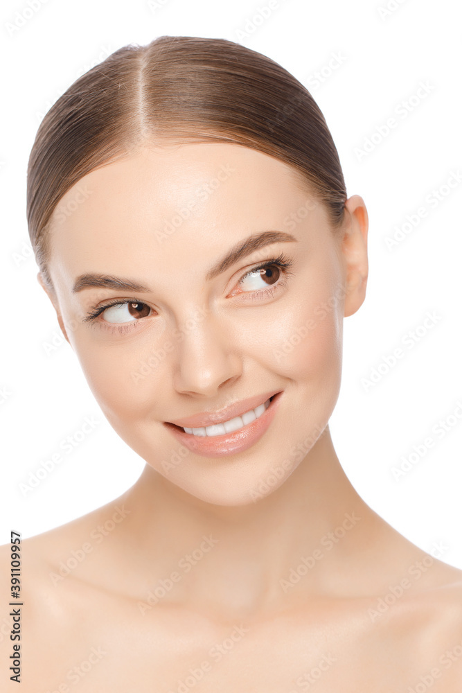 Headshot vertical portrait of young woman with brown eyes, isolated on white background. Concept of women beauty and skin care.