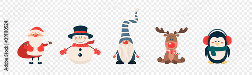 Vector Christmas Cute Characters and Animals Icon Set Isolated. Santa Claus, Snowman, Reindeer, Gnome, Penguin in Cartoon Flat Style. Design Template for Merry Christmas and Happy New Year Card
