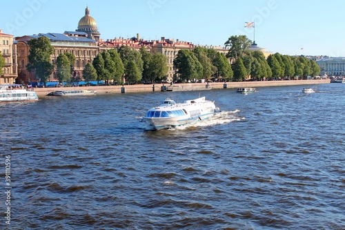 Travel along the Neva. Admiralteyskaya embankment. St. Petersburg.