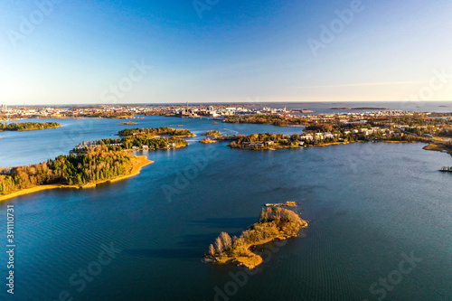 Aerial view of ocean, islands and city in Helsinki, Finland. Lehtisaari, Kaskisaari and Lauttasaari.