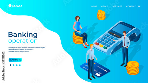 Banking operation.Bank employees in the background of the credit card payment terminal.The concept of Bank payments, transfers, and financial activities.The template of the landing page.