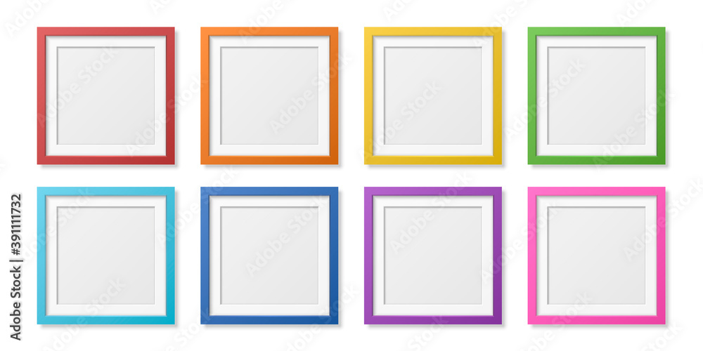 Vector 3D Reaistic Wooden or Plastic Simple Modern Minimalistic Square Colored Picture Frame Set Isolated on White Background. Design Template for Mockup, Presentations, Art Projects, Photos Vector 3D Reaistic Wooden or Plastic Simple Modern Minimalistic Square Colored Picture Frame Set Isolated on White Background. Design Template for Mockup, Presentations, Art Projects, Photos