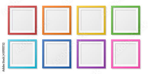 Vector 3D Reaistic Wooden or Plastic Simple Modern Minimalistic Square Colored Picture Frame Set Isolated on White Background. Design Template for Mockup, Presentations, Art Projects, Photos