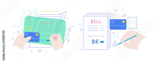 Medical insurance - hospital bills payment -modern flat vector concept digital illustration - patient signing a stack of invoices, holding a credit card, medical service metaphor