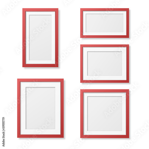 Vector 3D Reaistic Wooden or Plastic Simple Modern Minimalistic Red Picture Frame Set Isolated on White Background. Design Template for Mockup, Presentations, Art Projects and Photos