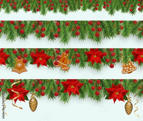 Set Christmas border decorations with fir branches, holly berries, poinsettia, gingerbread cookies man and golden ribbons. Design element for Xmas banner on white background. Vector