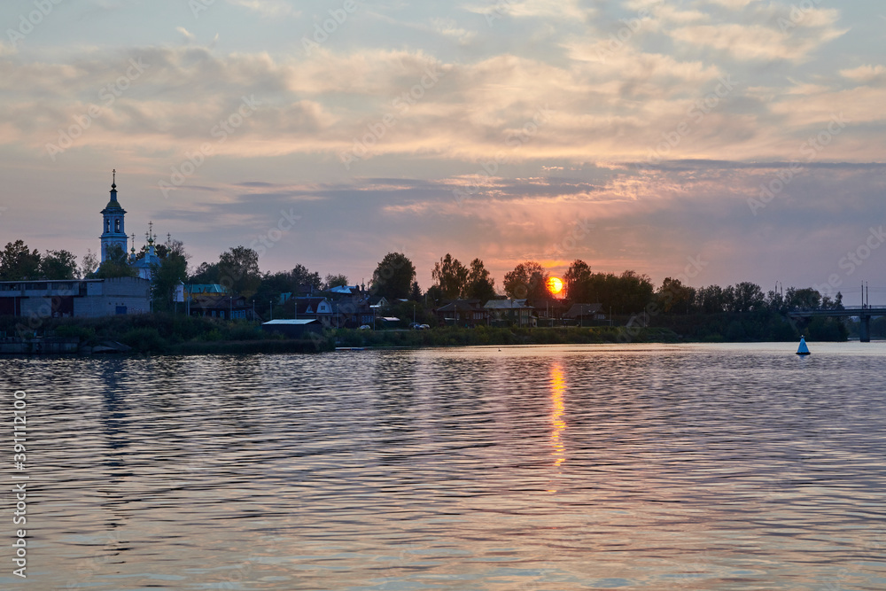 Russia. The town of Kimry. Sunset on the Volga. The sun sets over the Kimrka river