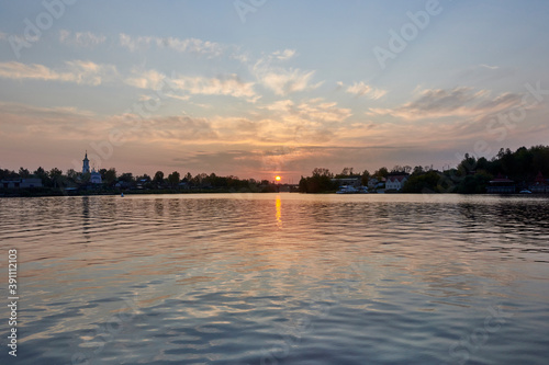 Russia. The town of Kimry. Sunset on the Volga. The sun sets over the mouth of the Kimrka river