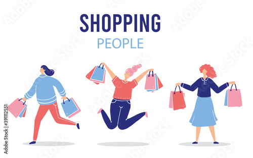 Set of shopping cartoon woman for sale, discount, buyer, customer concept. Female character with shopping package.