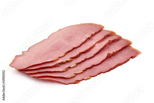 Smoked meat slices, isolated on white background